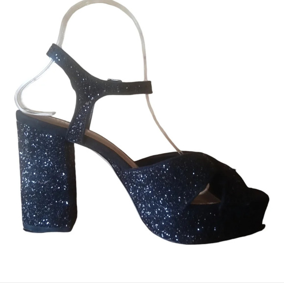 Dolls Kill Shellys London Black Chunky Glitter Platform Strappy Pumps‎ Size 9 - Picture 4 of 10